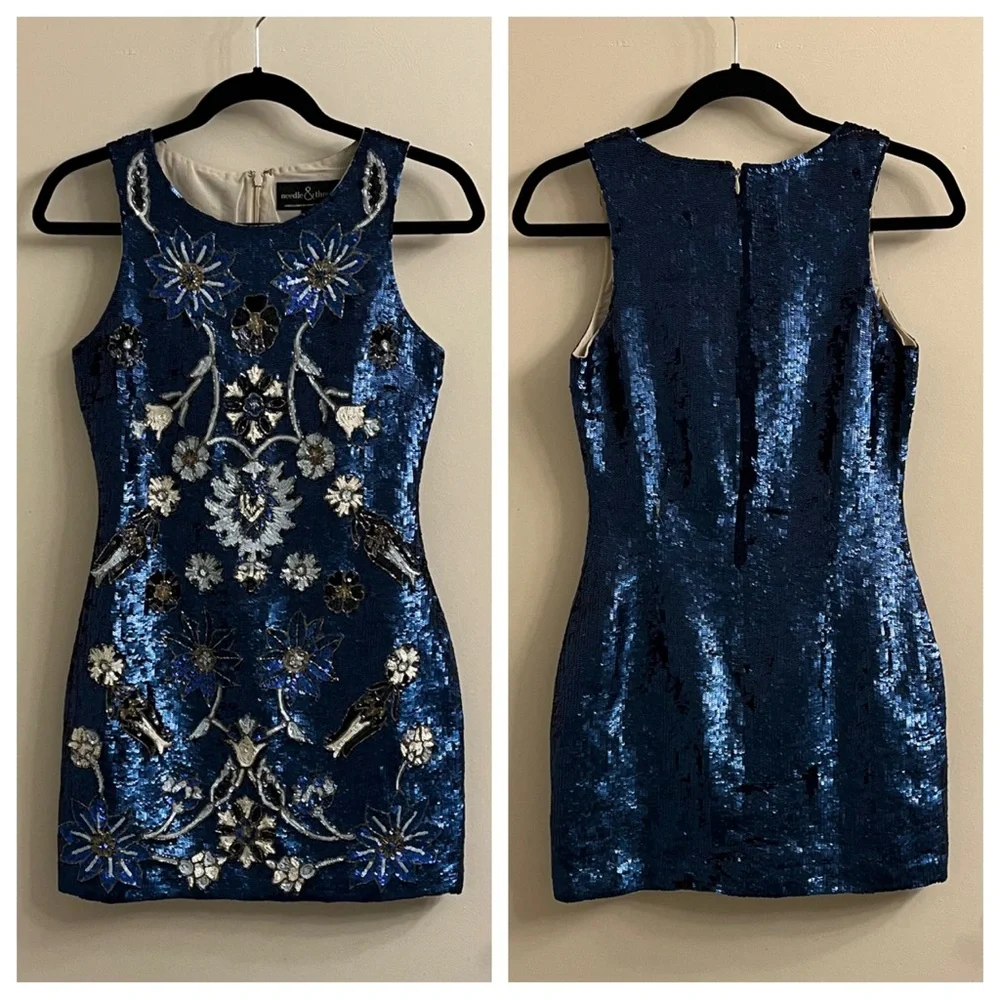 Needle & Thread Blue Floral Sequin Sleeveless Mini Dress Size US 2 - Picture 2 of 10